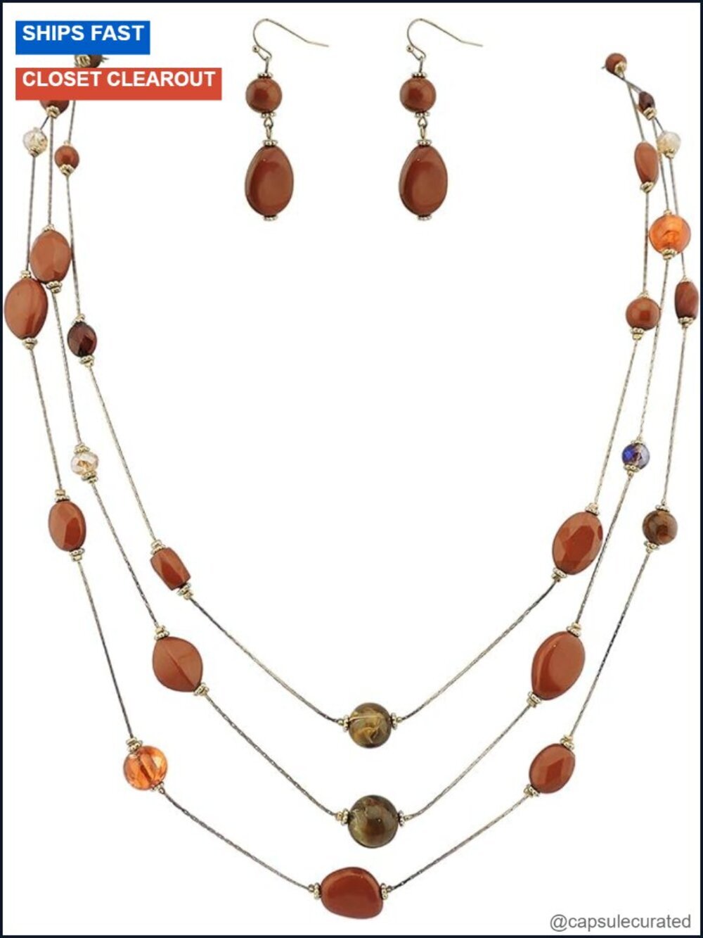 3-Layer Illusion Line Long Necklace Earrings Set Green Beads